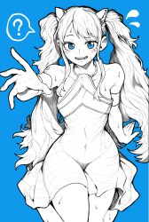 Rule 34 | 1girl, ?, absurdres, arm support, armlet, blue background, blue eyes, breasts, collarbone, covered navel, dress, fairy tail, greyscale, greyscale with colored background, highres, long hair, looking at viewer, medium breasts, monochrome, open mouth, simple background, solo, spoken question mark, sweat, teeth, twintails, wendy marvell, yotsumi shiro