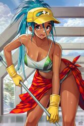 Rule 34 | 1girl, aqua hair, bare shoulders, baseball cap, breasts, cleavage, cloud, cloudy sky, collarbone, commentary, dark-skinned female, dark skin, dated, english commentary, fang, gloves, hat, hayuk0, high ponytail, highres, holding, holding mop, large breasts, leaning forward, looking at viewer, mop, open mouth, original, outdoors, red sarong, sarong, signature, sky, solo, sweat, tank top, yellow gloves, yellow hat