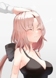 Rule 34 | 1girl, aug (girls&#039; frontline), bare shoulders, black bow, black dress, blonde hair, blush, bow, breasts, cleavage, closed eyes, closed mouth, dress, girls&#039; frontline, hair between eyes, hair bow, hand on own head, highres, long hair, looking at viewer, looking up, medium breasts, smile, solo, solokitsune, upper body, white background