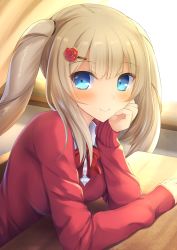 Rule 34 | 1girl, alternate costume, backlighting, blonde hair, blue eyes, blush, bow, bowtie, breasts, classroom, closed mouth, curtains, desk, fate/grand order, fate (series), flower, from side, hair flower, hair ornament, hand on own cheek, hand on own face, indoors, long hair, long sleeves, looking at viewer, looking to the side, marie antoinette (fate), medium breasts, red bow, red bowtie, red sweater, rose, school, school desk, school uniform, sidelocks, smile, solo, sweater, taiki ken, tareme, twintails, upper body, wing collar