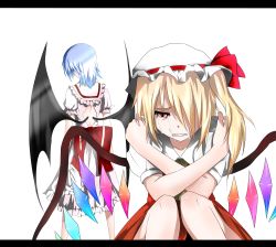 Rule 34 | 2girls, back cutout, bad id, bad pixiv id, bat wings, blonde hair, blue hair, bow, clenched teeth, clothing cutout, crossed arms, crying, crying with eyes open, elbows on knees, fangs, flandre scarlet, from behind, hair over one eye, hands on shoulders, hat, hat ribbon, unworn headwear, highres, legs together, letterboxed, looking down, mob cap, multiple girls, no headwear, red eyes, remilia scarlet, ribbon, self hug, short hair, short sleeves, siblings, side ponytail, simple background, sisters, sitting, skirt, skirt set, slit pupils, standing, streaming tears, tachitsuki, tatetsuki, tears, teeth, touhou, white background, wings