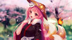 Rule 34 | 1girl, :d, ajirogasa, animal, animal on head, black kimono, blurry, blurry background, blush, breasts, brown hat, cherry blossoms, commentary, commission, day, depth of field, english commentary, fangs, fire, flower, fox tail, fur collar, hand up, hat, hat flower, hyanna-natsu, index finger raised, japanese clothes, kimono, kitsune, long hair, on head, open mouth, original, outdoors, petals, pink flower, pink hair, red eyes, small breasts, smile, solo, tail, tail raised, tree, upper body, very long hair