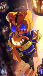 Rule 34 | 1boy, absurdres, amamiyakaduto, armor, bear, blue armor, blue eyes, blue fire, brass knuckles, cage, candle, cape, desire driver, dungeon, fire, foreshortening, glowing, glowing eyes, highres, jack-o&#039;-lantern, kamen rider, kamen rider buffa, kamen rider geats (series), kamen rider na-go, kamen rider punkjack, kamen rider tycoon, male focus, monster, monster buckle, orange cape, pumpkin, raise buckle, shadow, twitter username, villain pose, weapon