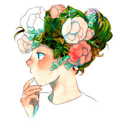 Rule 34 | 1girl, blue eyes, flower, green hair, hand to own mouth, highres, leaf, meyoco, multicolored hair, orange hair, original, pink flower, profile, simple background, solo, traditional media, watermark, white background, white flower