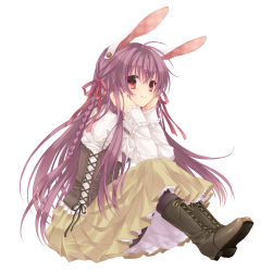 Rule 34 | 1girl, :3, alternate costume, alternate hairstyle, animal ears, bad id, bad pixiv id, boots, braid, contemporary, female focus, full body, head rest, light smile, long hair, pantyhose, purple hair, rabbit ears, red eyes, reisen udongein inaba, sacraneco, simple background, sitting, smile, solo, touhou, twin braids, twintails