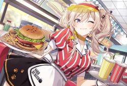 Rule 34 | 1girl, animal ears, apron, black skirt, blonde hair, blush, breasts, burger, buttons, choker, closed mouth, collarbone, company name, copyright notice, cup, disposable cup, dress shirt, drink, drinking straw, earclip, employee uniform, food, french fries, glint, grey eyes, hair between eyes, holding, holding plate, holding tray, hololive, indoors, jar, ketchup bottle, lion ears, lion girl, long hair, looking at viewer, mustard bottle, official alternate costume, official art, one eye closed, paw print, plate, puffy short sleeves, puffy sleeves, red shirt, restaurant, shirt, shishiro botan, short sleeves, skirt, smile, solo, ssrb (shishiro botan), striped clothes, striped shirt, tomari (veryberry00), tray, two side up, vertical-striped clothes, vertical-striped shirt, virtual youtuber, visor cap, waist apron, waitress, white apron, yellow choker