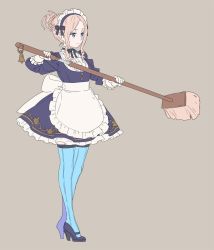 Rule 34 | 1girl, apron, black footwear, blonde hair, blue dress, blue eyes, blue thighhighs, broom, closed mouth, commentary request, dress, enkyo yuuichirou, gloves, grey background, hair bun, concealed weapon, high heels, highres, holding, holding broom, holding sword, holding weapon, katana, long sleeves, maid, maid apron, maid headdress, original, ribbed legwear, sheath, simple background, single hair bun, solo, sword, thighhighs, two-handed, unsheathing, waist apron, weapon, white gloves