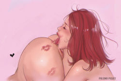 Rule 34 | 2girls, anilingus, ass, closed eyes, commentary, completely nude, english commentary, from side, heart, lipstick, lipstick mark, lipstick mark on ass, long hair, makeup, multiple girls, nude, open mouth, original, paloma piquet, pink background, profile, pussy, red hair, red lips, simple background, tongue, tongue out, top-down bottom-up, uncensored, yuri