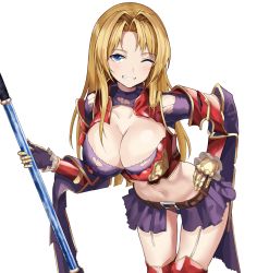 Rule 34 | 1girl, armor, armored boots, belt, bikini armor, blonde hair, blue eyes, blush, boots, bra, breasts, brown belt, cleavage, collarbone, commentary, cowboy shot, ekasya, garter straps, gauntlets, granblue fantasy, grin, groin, hair down, hair intakes, hand on own hip, highres, holding, holding polearm, holding spear, holding weapon, large breasts, leaning forward, long hair, looking at viewer, midriff, miniskirt, navel, one eye closed, panties, parted bangs, polearm, purple bra, purple panties, purple skirt, purple sleeves, red armor, shrug (clothing), sidelocks, simple background, skirt, smile, solo, spear, standing, torn bra, torn clothes, torn skirt, torn sleeves, underwear, weapon, white background, zeta (granblue fantasy)