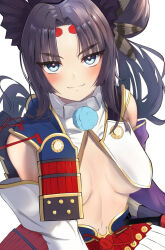 1girl armor black_hair blue_eyes blue_panties blush breast_curtains breasts detached_sleeves fate/grand_order fate_(series) feather_hair_ornament feathers hair_bun hair_ornament hat highres japanese_armor long_hair looking_at_viewer medium_breasts navel panties parted_bangs side_ponytail sidelocks single_side_bun smile solo umi_endu underwear ushiwakamaru_(fate) very_long_hair wide_sleeves