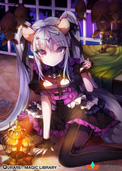 Rule 34 | + +, 1girl, animal, animal ears, bat (animal), between legs, black dress, black pantyhose, black ribbon, breasts, candle, candlestand, cat ears, cat tail, closed mouth, coffee, collar, company name, copyright name, corset, dress, eyelashes, fingernails, frilled collar, frilled cuffs, frilled skirt, frills, hair between eyes, hair ribbon, hand between legs, hand up, highres, horns, indoors, kanola u, kemonomimi mode, lantern, light purple hair, long fingernails, long hair, looking at viewer, neck ribbon, pantyhose, puffy short sleeves, puffy sleeves, purple eyes, qurare magic library, ribbon, short sleeves, sitting, skirt, small breasts, solo, strap, symbol-shaped pupils, tail, tiara, tile floor, tiles, twintails, vampire, very long hair, wariza, wrist cuffs