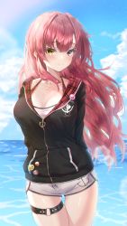 Rule 34 | 1girl, anchor symbol, arms behind back, badge, black jacket, blush, breasts, button badge, ciawasemono, cleavage, closed mouth, cowboy shot, dolphin shorts, floating hair, gold necklace, heart, heart necklace, heterochromia, highres, hololive, houshou marine, houshou marine (summer), jacket, jewelry, long hair, looking at viewer, medium breasts, necklace, no headwear, o-ring, o-ring thigh strap, ocean, official alternate costume, raised eyebrows, red eyes, red hair, shorts, smile, solo, thigh gap, thigh strap, virtual youtuber, white shorts, yellow eyes, zipper