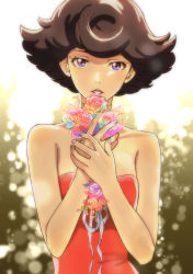 Rule 34 | 1girl, absurdres, angela carpenter, blouse, bouquet, brown hair, carole &amp; tuesday, eyelashes, flower, highres, holding, holding bouquet, looking at viewer, parted lips, purple eyes, red shirt, shiny skin, shirt, short hair, solo, strapless, tube top, zumi (hzmingo)