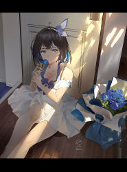 Rule 34 | 1girl, absurdres, ahoge, benghuai xueyuan, black bra, black hair, blue eyes, blue flower, blue hair, blue rose, bra, bra slip, breasts, chest tattoo, chinese commentary, cleavage, closed mouth, colored inner hair, commentary request, day, door, dress, feet out of frame, flower, highres, holding, honkai (series), honkai impact 3rd, indoors, letterboxed, looking at viewer, multicolored hair, off-shoulder dress, off shoulder, ribao, room, rose, seele vollerei, short hair, sitting, small breasts, smile, solo, spaghetti strap, sunlight, tattoo, underwear, white dress
