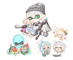 Rule 34 | !?, +++, .96 gal (splatoon), 1girl, 3boys, barefoot, beanie, blank eyes, blank thought bubble, blonde hair, blue hair, blush, book, clenched hand, closed eyes, closed mouth, eyelashes, green eyes, grey hair, grey headwear, hat, holding, holding book, ink tank (splatoon), inkling, inkling boy, inkling player character, medium hair, multiple boys, nintendo, notice lines, octoling, octoling girl, octoling player character, octopus, open mouth, own hands together, pointy ears, short hair, simple background, sitting, smallfry (splatoon), smile, sparkle, spl8ya, splatoon (series), sweat, teeth, tentacle hair, thick eyebrows, translation request, white background