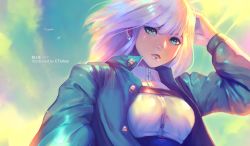 Rule 34 | 1girl, arm behind head, blue eyes, blue jacket, breast strap, commentary, ctiahao, english commentary, floating hair, highres, jacket, looking at viewer, looking down, original, simple background, solo, white hair