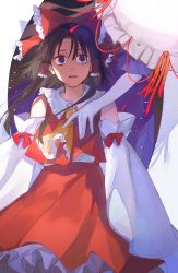 Rule 34 | 2girls, \||/, absurdres, ascot, bow, commentary request, detached sleeves, dress, elbow gloves, gap (touhou), gloves, hair tubes, hakurei reimu, highres, ikarimame77, long hair, long sleeves, multiple girls, open mouth, purple dress, red bow, red ribbon, red shirt, red skirt, ribbon, shirt, skirt, touhou, umbrella, white background, white gloves, wide sleeves, wind, yakumo yukari, yellow ascot