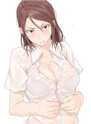 Rule 34 | 1girl, biting own lip, blush, bra, breasts, brown eyes, brown hair, cleavage, dress shirt, long hair, looking at viewer, messy hair, naughty face, ogros, original, see-through, shirt, simple background, solo, sweat, unbuttoning, underwear, undressing, very sweaty, wet, wet clothes, wet shirt