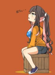 Rule 34 | 1girl, black hair, box, commentary request, crate, denim, denim shorts, full body, highres, jacket, kantai collection, long hair, looking up, macbail, multicolored hair, naganami (kancolle), official alternate costume, orange background, orange jacket, pink hair, ponytail, shirt, shorts, sitting, solo, thick eyebrows, white shirt, yellow eyes