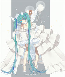 Rule 34 | 1girl, angel wings, ankle flower, ankle strap, balloon, bare legs, bare shoulders, beads, bent over, blue eyes, blue hair, breasts, character name, choker, closed mouth, colored eyelashes, commentary, crown, detached sleeves, diamond (gemstone), doily, dot nose, dress, feathered wings, feathers, flower, frilled choker, frills, full body, grey background, hair between eyes, hair flower, hair ornament, hakusai (tiahszld), hatsune miku, head tilt, high heels, highres, holding, holding microphone stand, jewelry, layered dress, layered sleeves, legs apart, long dress, long hair, looking at viewer, microphone, microphone stand, mini crown, mini wings, pendant choker, see-through, small breasts, smile, solo, sparkle, standing, straight hair, strapless, strapless dress, stuffed animal, stuffed toy, symbol-only commentary, teddy bear, translucent hair, twintails, two-tone background, very long hair, vocaloid, white background, white dress, white flower, white footwear, white sleeves, white wings, wide sleeves, wings