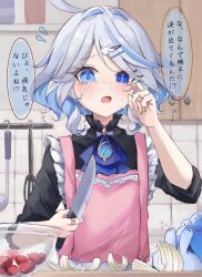 Rule 34 | 1girl, adapted costume, apron, ascot, bandaid, bandaid on hand, black shirt, blue ascot, blue eyes, blue gemstone, blue hair, blush, bowl, colored inner hair, cowlick, drop-shaped pupils, flying sweatdrops, frilled apron, frills, furina (genshin impact), gem, genshin impact, grey hair, hair ornament, hairclip, hand up, heterochromia, highres, holding, holding knife, kitchen, kitchen knife, knife, light blue hair, mademoiselle crabaletta, mismatched pupils, multicolored hair, onion, open mouth, pe eee00, pink apron, shirt, short hair, sleeves rolled up, solo, speech bubble, symbol-shaped pupils, tearing up, translation request, upper body, wavy hair