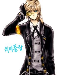 Rule 34 | 1boy, bad id, bad pixiv id, blonde hair, blue eyes, bow, bowtie, chung seiker, elsword, formal, hand on own head, korean text, krazywolf, male focus, monocle, smile, solo, suit, white background
