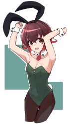 Rule 34 | 1girl, alternate costume, animal ears, breasts, brown hair, bunny day, cleavage, commentary request, covered navel, cowboy shot, cropped legs, detached collar, flying sweatdrops, gradient hair, highres, kantai collection, leotard, looking at viewer, minosu, multicolored hair, mutsuki (kancolle), necktie, pantyhose, playboy bunny, rabbit ears, rabbit tail, red hair, red necktie, short hair, small breasts, solo, strapless, strapless leotard, tail, wrist cuffs