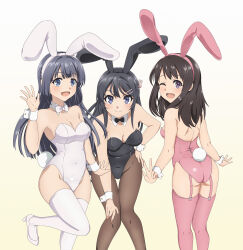 Rule 34 | 3girls, absurdres, animal ears, ass, black bow, black bowtie, black hair, black leotard, black pantyhose, bow, bowtie, breasts, cleavage, commission, detached collar, feet out of frame, from behind, garter straps, grey eyes, hand on own thigh, high heels, highres, hirokawa uzuki, leaning forward, leotard, long hair, looking at viewer, makinohara shouko, medium breasts, medium hair, multiple girls, nazunazu, pantyhose, pink leotard, pink thighhighs, pixiv commission, playboy bunny, purple eyes, rabbit ears, rabbit tail, sakurajima mai, seishun buta yarou, simple background, smile, standing, standing on one leg, strapless, strapless leotard, swept bangs, tail, thighhighs, v, waving, white background, white bow, white bowtie, white footwear, white thighhighs, wrist cuffs