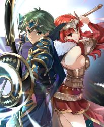Rule 34 | 1boy, 1girl, alm (fire emblem), armor, arrow (projectile), bare shoulders, bow (weapon), breasts, cape, celica (fire emblem), closed mouth, fingerless gloves, fire emblem, fire emblem echoes: shadows of valentia, fire emblem heroes, from side, fur trim, gloves, green eyes, green hair, headpiece, holding, holding bow (weapon), holding sword, holding weapon, long hair, misu kasumi, nintendo, red eyes, red hair, short hair, sideboob, sword, weapon