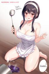 Rule 34 | 1girl, apron, bare arms, bare legs, bare shoulders, barefoot, black hair, breasts, cleavage, collarbone, commentary request, hairband, holding, holding ladle, ladle, large breasts, long hair, naked apron, red eyes, sebu illust, seiza, sidelocks, sitting, solo, spy x family, thighs, white apron, white hairband, yor briar
