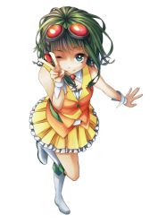 Rule 34 | 1girl, belt, boots, brooch, commentary, foreshortening, frilled skirt, frills, from above, full body, goggles, goggles on head, green eyes, green hair, gumi, hand up, headphones, highres, jewelry, kashima mika, knee boots, layered skirt, leg up, looking at viewer, one eye closed, orange shirt, orange skirt, pleated skirt, red goggles, shirt, skirt, smile, solo, standing, standing on one leg, transparent background, v, vocaloid, white background, white footwear, wrist cuffs, yellow skirt