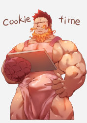 Rule 34 | 1boy, absurdres, apron, bara, beard, boku no hero academia, bulge, commentary, commentary request, cropped legs, endeavor (boku no hero academia), english commentary, facial hair, fire, guoguo, hand on own hip, highres, holding, holding tray, large pectorals, male focus, male pubic hair, mature male, muscular, muscular male, naked apron, pectorals, pink apron, pubic hair, red hair, short hair, sideburns, sidepec, solo, spiked hair, thick thighs, thighs, tray