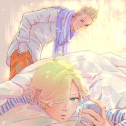 Rule 34 | 2boys, axis powers hetalia, blonde hair, blue scarf, brothers, curtains, green eyes, highres, indoors, leaning forward, looking at phone, luxembourg (hetalia), multiple boys, netherlands (hetalia), one eye covered, phone, scar, scar on face, scarf, siblings, under covers, yokkorashoichi