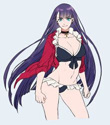 Rule 34 | 1girl, bikini, blue background, breasts, choker, clenched hands, collarbone, cowboy shot, earrings, fate/grand order, fate (series), frilled bikini, frills, gluteal fold, green eyes, jacket, jewelry, legs apart, long hair, martha (fate), martha (swimsuit ruler) (fate), martha (swimsuit ruler) (second ascension) (fate), necklace, open clothes, open jacket, purple hair, rosary, simple background, solo, standing, swimsuit, tenobe, very long hair