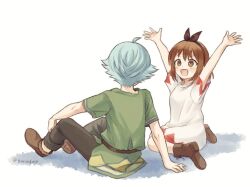 Rule 34 | 1boy, 1girl, :d, aged down, arms up, atelier (series), atelier ryza, black pants, blue hair, blush, boots, bos brunnen, bow, brown bow, brown eyes, brown footwear, brown hair, brown hairband, commentary request, dress, facing another, facing away, full body, green shirt, hair bow, hairband, hari (gorse6my), open mouth, pants, reisalin stout, shirt, short hair, short sleeves, simple background, sitting, smile, twitter username, white background, white dress