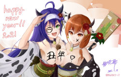 Rule 34 | 2021, 2girls, :d, :o, ahoge, animal print, asymmetrical docking, bare shoulders, blue hair, body writing, braid, breast press, breasts, breasts out, chinese zodiac, convenient censoring, cow print, crown braid, dated, facepaint, female focus, fire emblem, fire emblem: three houses, flower, food between breasts, green eyes, hagoita, hair flower, hair ornament, happy new year, headband, highres, japanese clothes, kimono, large breasts, leonie pinelli, long hair, looking at viewer, matching hair/eyes, mia (fire emblem), multiple girls, new year, nintendo, obi, off shoulder, omikuji, one eye closed, open mouth, orange eyes, orange hair, paddle, print kimono, ryuusaki rei, sash, smile, white headband, wide sleeves, year of the ox