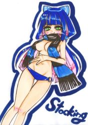 Rule 34 | 10s, bikini, bikini bottom only, blush, breasts, cleavage, covering privates, large breasts, panty &amp; stocking with garterbelt, scarf, smile, stocking (psg), swimsuit