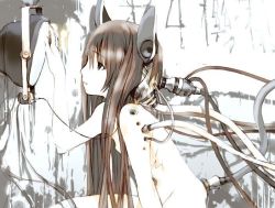 Rule 34 | 1girl, breasts, brown hair, cable, female focus, headgear, houden eizou, long hair, looking up, nipples, nude, parted lips, pointy ears, profile, robot ears, small breasts, solo, television, wire