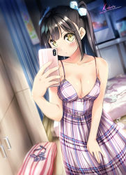Rule 34 | 1girl, absurdres, aqua bow, artist name, bare arms, bare shoulders, black hair, blush, bow, breasts, cellphone, cleavage, closed mouth, collarbone, commentary, commentary request, cowboy shot, dress, english commentary, eyelashes, fingernails, hair between eyes, hair bow, highres, holding, holding phone, indoors, kantoku (style), kuro neko (yxmikan), long fingernails, long hair, looking at viewer, medium breasts, nail polish, original, phone, pink nails, plaid, plaid dress, selfie, shiny skin, sidelocks, sleeveless, sleeveless dress, smartphone, solo, standing, taking picture, twintails