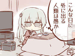 Rule 34 | 1girl, artist name, assault lily, bowl, chibi, commentary, cushion, egawa kusumi, flower, food, gochisousama (tanin050), grey eyes, grey hair, hair flower, hair ornament, hands up, hanten (clothes), heater, holding, holding food, indoors, kotatsu, long hair, long sleeves, looking at viewer, on floor, onigiri, open clothes, parted lips, sidelocks, sitting, solid circle eyes, solo, table, television, thought bubble, translated, under kotatsu, under table, very long hair, zabuton