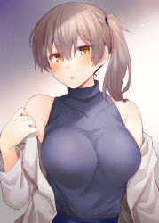 Rule 34 | 1girl, alternate costume, armpit crease, bare shoulders, breasts, brown hair, hair between eyes, jacket, kaga (kancolle), kantai collection, large breasts, looking at viewer, open mouth, removing jacket, rui shi (rayze ray), short hair, side ponytail, sleeveless, sleeveless sweater, solo, sweater, white jacket, yellow eyes