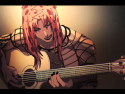 Rule 34 | 1boy, bad id, bad pixiv id, black lips, black nails, diavolo, eyebrows, eyes visible through hair, fishnets, guitar, instrument, jojo no kimyou na bouken, letterboxed, light, lipstick, long hair, makeup, male focus, music, nail polish, open mouth, pink hair, playing instrument, solo, upper body, yanoooh