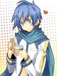 Rule 34 | 1boy, bad id, bad pixiv id, blue eyes, blue hair, blue nails, blue scarf, blush, eating, food, halftone, halftone background, heart, ice cream, kaito (vocaloid), male focus, matching hair/eyes, mikipa, nail polish, scarf, smile, solo, upper body, vocaloid