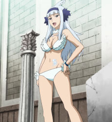 Rule 34 | 1girl, ahoge, angel (fairy tail), bikini, blue eyes, breasts, cleavage, collarbone, eyebrows, fairy tail, hair ornament, hairband, large breasts, long hair, navel, open mouth, standing, swimsuit, white hair