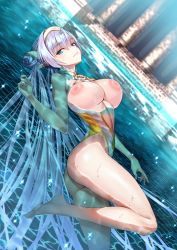 Rule 34 | absurdres, blue eyes, breasts, britomart (fate), elf, fate/grand order, fate (series), highres, inverted nipples, lake, large breasts, long hair, looking at viewer, lying on water, matsuryuu, non-web source, pointy ears, smile, white background