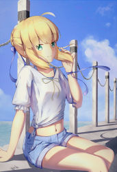 Rule 34 | 1girl, ahoge, alternate costume, arm support, artist name, artoria pendragon (fate), blonde hair, blue ribbon, blue skirt, bound, bound wrists, braid, chain, cloud, day, denim, denim shorts, fate/stay night, fate (series), french braid, midriff, navel, railing, ribbon, saber (fate), shadow, short shorts, shorts, sitting, skirt, smile, solo, thighs, water, yeh (354162698)