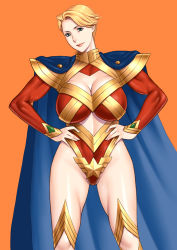 Rule 34 | 1girl, blonde hair, blue cape, blue eyes, breasts, cape, cleavage, cleavage cutout, closed mouth, clothing cutout, cuffs, eighth wonder, flipped hair, groin, hands on own hips, haruka athena, head tilt, high collar, highleg, highleg leotard, huge breasts, legs apart, leotard, lipstick, long sleeves, looking at viewer, makeup, mature female, midriff, mole, muscular, orange background, red leotard, red lips, short hair, shoulder pads, simple background, skin tight, sleeves past wrists, smile, solo, standing, star (symbol), superhero costume, takasugi kou, thighs, toned, turtleneck, uchi no musume ni te wo dasuna!