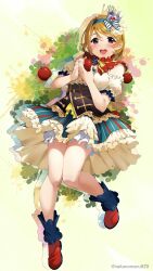 Rule 34 | 1girl, absurdres, apple, arm garter, blue hairband, blue skirt, blush, bow, brown hair, corset, crown, food, frilled skirt, frills, fruit, full body, hair bow, hairband, highres, holding, holding food, holding fruit, koizumi hanayo, looking at viewer, love live!, love live! school idol project, nakano maru, open mouth, pigeon-toed, purple eyes, red footwear, short hair, skirt, smile, striped, striped bow, twitter username, vertical stripes