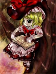 Rule 34 | 1girl, apron, blonde hair, bobby socks, book, bow, bowtie, closed mouth, gloves, hat, hat bow, in tree, kirisame marisa, lowres, mary janes, medinki, mushroom, official style, open book, puffy short sleeves, puffy sleeves, red bow, red bowtie, red footwear, red hat, red skirt, red vest, shoes, short hair, short sleeves, sitting, sitting in tree, skirt, skirt set, smile, socks, solo, touhou, tree, vest, waist apron, white apron, white gloves, witch hat, yellow eyes, zun (style)