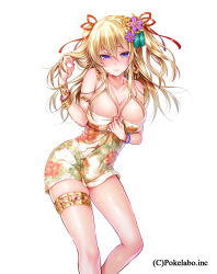 Rule 34 | 1girl, armlet, bad id, bad tumblr id, bangle, blonde hair, blue eyes, blush, bracelet, breasts, cleavage, contrapposto, copyright name, earrings, female focus, fingernails, flower, groin, hair between eyes, hair flower, hair ornament, hair ribbon, tucking hair, hizuki akira, jewelry, large breasts, long hair, looking at viewer, nail polish, naked towel, ribbon, simple background, skindentation, solo, standing, thigh strap, thighlet, towel, tsurime, twintails, two side up, wet, white background